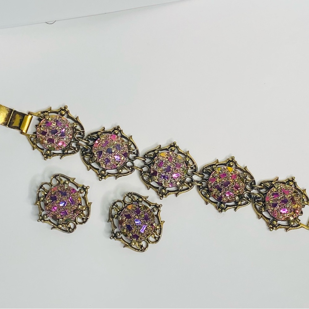 Vintage 60’s Ornate Link Iridescent Bracelet and Earrings